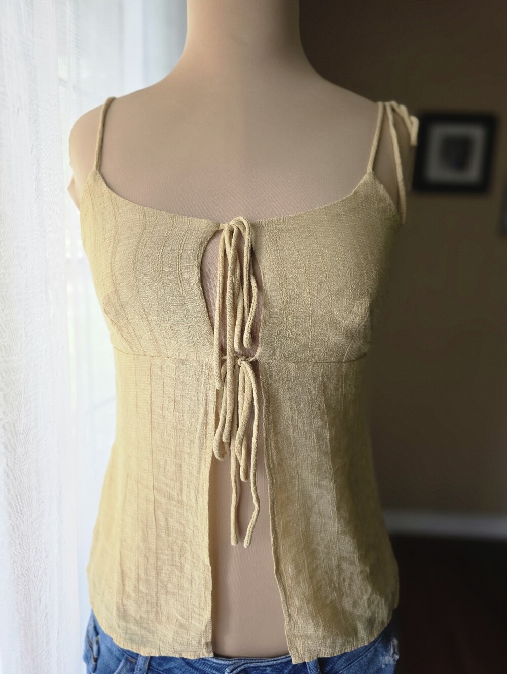 VRG Girl Pale Yellow Tie Front Boho Cami Top - Size Small AU 12 Y2K Baddie Vibes